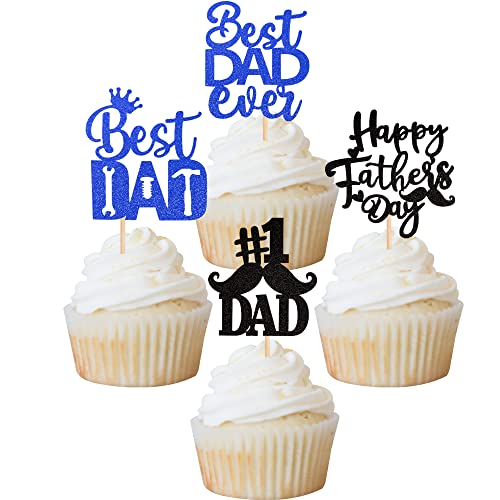 Xsstarmi 24 Stück Happy Father's Day Cupcake Topper Glitter Best Dad Ever #1 Dad Cupcake Picks Tool Construction Cake Decorations for Happy Father's Day Birthday Party Supplies Black Blue von Xsstarmi