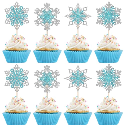 Xsstarmi 24 Stück Schneeflocke Cupcake Toppers Glitzer Silber Blau Winter Wonderland Cupcake Picks Double Layers Snowflake Cake Decorations for Winter Theme Baby Shower Birthday Party Decorations von Xsstarmi