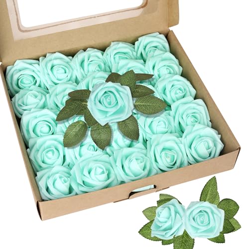 Xsstarmi 25 Stück künstliche Blumen Kuchen Topper Dekoration mit Box Schaum Blume Rose Kuchen Pick Dekorationen für Geburtstag Hochzeit Jahrestag Party DIY Kuchen Dekorationen Hellblau von Xsstarmi