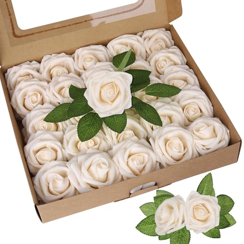 Xsstarmi 25 Stück künstliche Blumen Kuchen Topper Dekoration mit Box Schaumblume Champagner Rose Kuchen Pick Dekorationen für Geburtstag Hochzeit Jahrestag Party DIY Kuchen Dekorationen von Xsstarmi