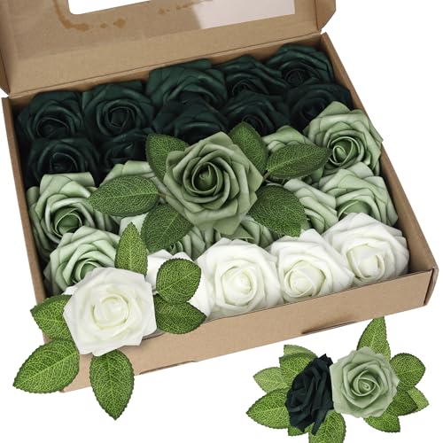 Xsstarmi 25 Stück künstliche Blumen Kuchen Topper Dekoration mit Box Schaumstoff Blume Rose Kuchen Pick Dekorationen für Geburtstag Hochzeit Jahrestag Party DIY Kuchen Dekorationen Farbverlauf Grün von Xsstarmi