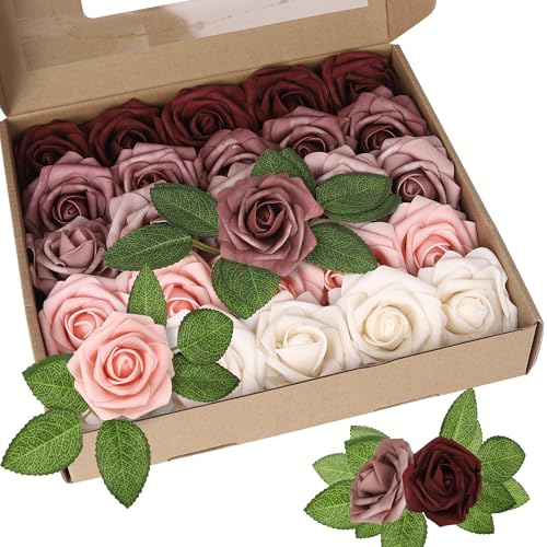 Xsstarmi 25 Stück künstliche Blumen Kuchen Topper Dekoration mit Box Schaumstoff Blume Rose Kuchen Pick Dekorationen für Geburtstag Hochzeit Jahrestag Party DIY Kuchen Dekorationen Farbverlauf Rosa von Xsstarmi