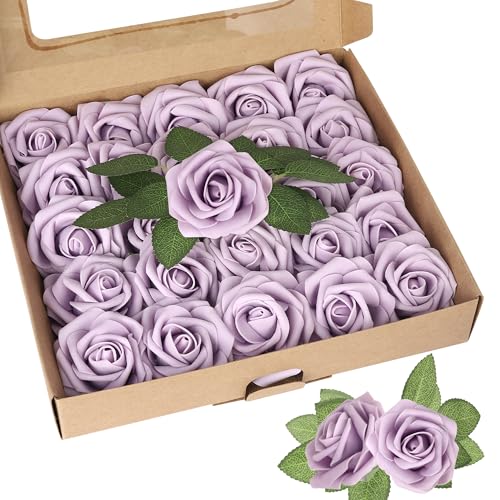 Xsstarmi 25 Stück künstliche Blumen Kuchen Topper Dekoration mit Box Schaumstoff Blume Rose Kuchen Pick Dekorationen für Geburtstag Hochzeit Jahrestag Party DIY Kuchen Dekorationen Hellviolett von Xsstarmi