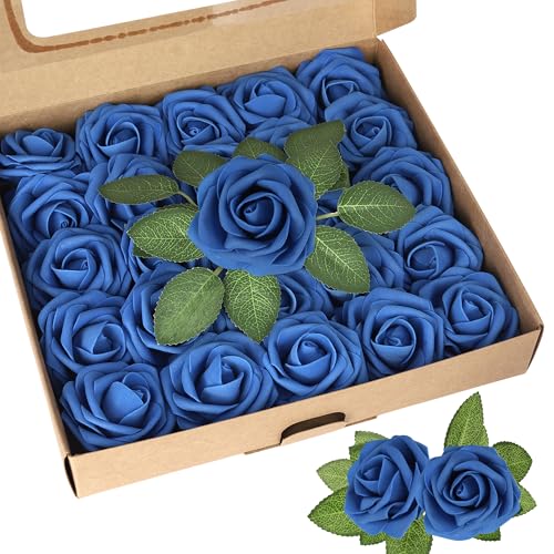Xsstarmi 25 Stück künstliche Blumen Kuchen Topper Dekoration mit Box Schaumstoffblume Blau Rose Kuchen Pick Dekorationen für Geburtstag Hochzeit Jahrestag Party DIY Kuchen Dekorationen Supplies von Xsstarmi
