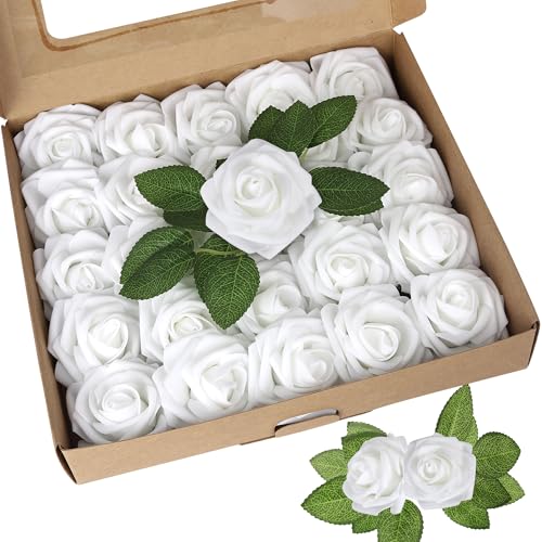 Xsstarmi 25 Stück künstliche Blumen Kuchen Topper Dekoration mit Box Schaumstoffblume weiße Rose Kuchen Pick Dekorationen für Geburtstag Hochzeit Jahrestag Party DIY Kuchen Dekorationen von Xsstarmi
