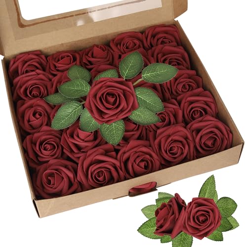 Xsstarmi 25 Stück künstliche Blumen Kuchendekoration mit Box Schaumstoffblume rote Rose Kuchen Pick Dekorationen für Geburtstag Hochzeit Jahrestag Party DIY Kuchen Dekorationen Supplies von Xsstarmi