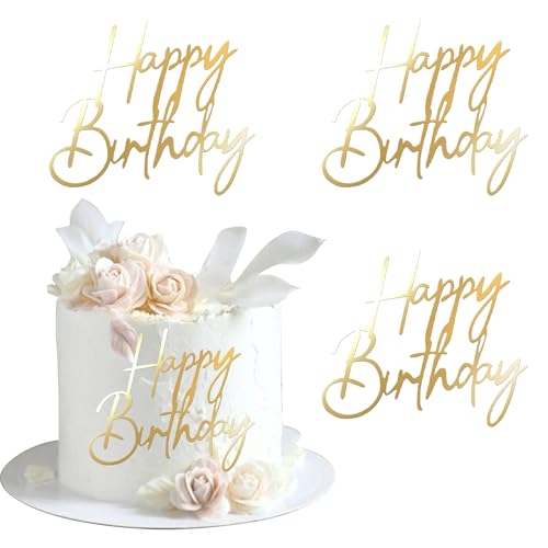 Xsstarmi 3 Stück künstlerische Schriftarten Happy Birthday Tortenaufsatz Gold Acryl Schild Kuchen Pick für Männer Frauen Jungen Mädchen Geburtstag Party Kuchen Dekorationen Supplies Gold von Xsstarmi