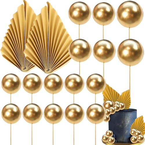 Xsstarmi 30 Packung Tortendeko Kugel aus Schwarzem Gold Tortenaufsatz Paper Palm Fan Kuchen Topper für Hochzeit Braut Dusche Geburtstag Zubehör für Party Kuchen Dekorationen Gold von Xsstarmi