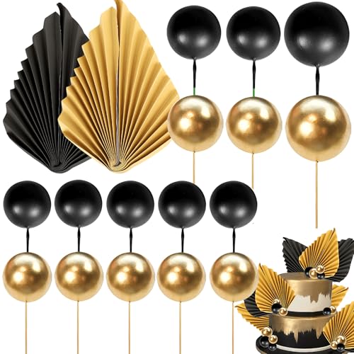 Xsstarmi 30 Packung Tortendeko Kugel aus Schwarzem Gold Tortenaufsatz Paper Palm Fan Kuchen Topper für Hochzeit Braut Dusche Geburtstag Zubehör für Party Kuchen Dekorationen Schwarzes Gold von Xsstarmi
