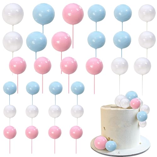 Xsstarmi 30 Packung Tortendeko Mini Ballon Tortenaufsatz Schaumstoffball Kuchen Pick Kunstperlen-Kugeln DIY Cake Kuchen dekorationen für Hochzeit Jubiläum Geburtstag Party Zubehör Weiß Blau Rosa von Xsstarmi