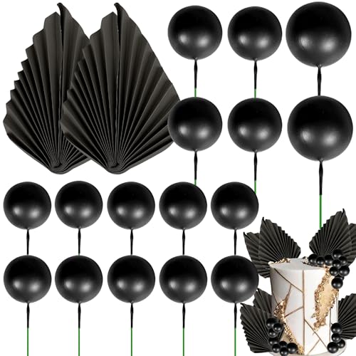 Xsstarmi 30 Packung Tortendeko Schwarze Kugel Tortenaufsatz Paper Palm Fan Kuchen Topper für Hochzeit Braut Dusche Geburtstag Zubehör für Party Kuchen Dekorationen Schwarzes Schwarz von Xsstarmi