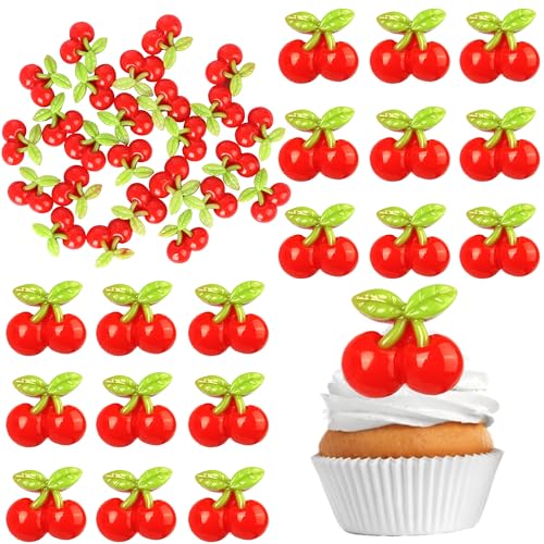 Xsstarmi 30 Stück 3D-Kirschen, Cupcake-Topper, Kunstharz, kleine Kirschfrucht, Cupcake-Picks für Babyparty, Kindergeburtstag, Party, Kuchendekorationen von Xsstarmi