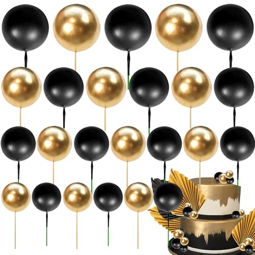 Xsstarmi 30 Stück Mini-Ballon-Kuchenaufsätze, gemischte Größe, Schwarz-Gold-Kugeln, Kuchendekoration, künstliche Bälle, DIY-Kucheneinsatz-Dekorationen für Babyparty, Hochzeit, Brautparty, von Xsstarmi