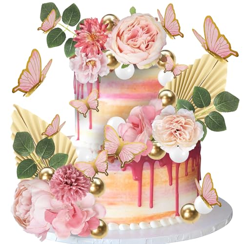 Xsstarmi 34 Stück künstliche Blumen Kuchen Topper Ballon Schmetterling Pfingstrose Blume Papier Palme Fächer Kuchen Pick für DIY Hochzeit Bithday Valentinstag Party Kuchen Dekorationen Supplies von Xsstarmi