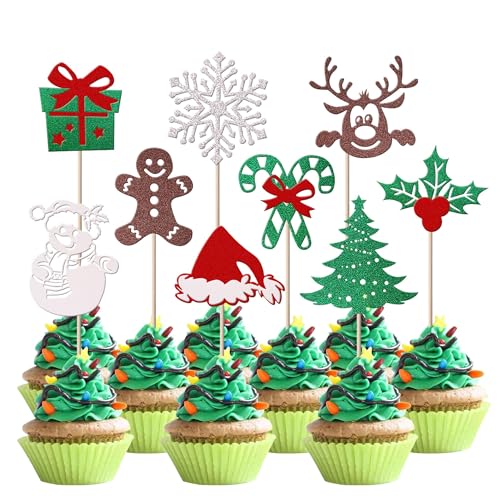 Xsstarmi 36 Packung Frohe Weihnachten Cupcake Toppers Glitzer Weihnachtsmann Cupcake Picks Weihnachtsbaum Schneemann Kuchendekoration für Weihnachten Neujahr Feiertag Geburtstag Partyzubehör von Xsstarmi