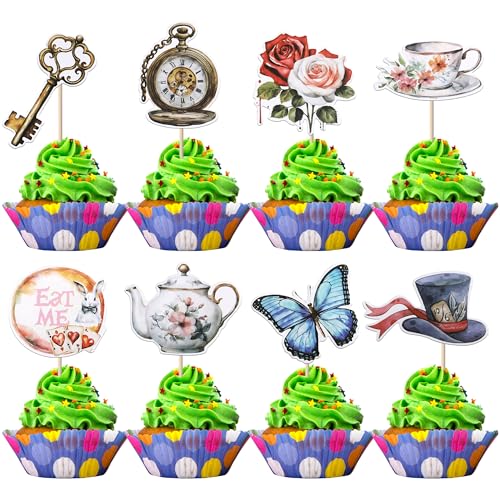 Xsstarmi 40 Packung Alice im Wunderland Cupcake Toppers Schmetterling Schlüssel Mad Hatter Cupcake Picks Eat Me Tee-Party Kuchendekorationen für Retro Hochzeitstag Jubiläum Geburtstag Party Zubehör von Xsstarmi