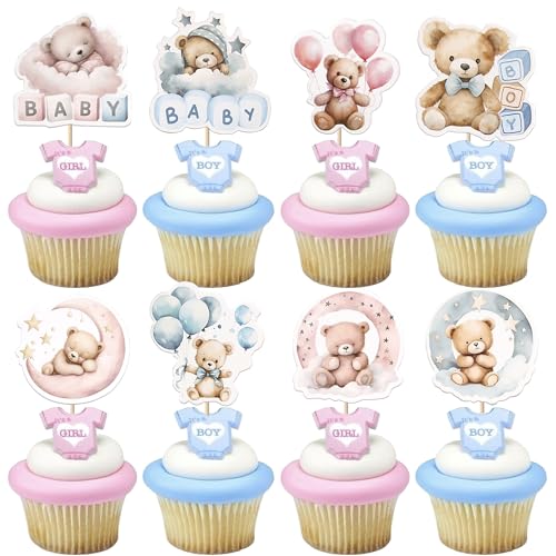 Xsstarmi 40 Packung Gender Reveal Cupcake Toppers Mond Gute Nacht Bär Cupcake Picks für Gender Reveal Babyparty Kindergeburtstag Zubehör für Party Kuchendekorationen von Xsstarmi