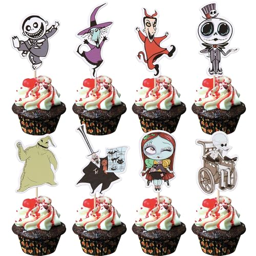 Xsstarmi 40 Packung Skellington Halloween-Cupcake-Topper Totenkopf Geist Cupcake-Picker für Halloween schreckliches Thema Hochzeitstag Nightmare Before Christmas Geburtstagsparty Kuchendekoration von Xsstarmi