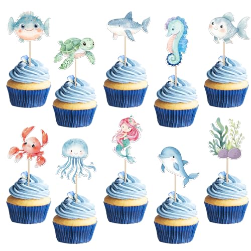 Xsstarmi 40 Packung Unter dem Meer Cupcake Toppers Unterwasserwelt Cupcake Picks für Willkommen Neugeborene Kinder Geburtstag Zubehör für Party Kuchendekorationen von Xsstarmi