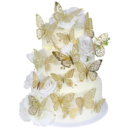 Xsstarmi 42 Packung Tortendeko 3D Schmetterling Tortenaufsatz Lebendiger Wanddekoration Hohler Babyparty Geburtstag Hochzeit Party Zubehör Gold von Xsstarmi