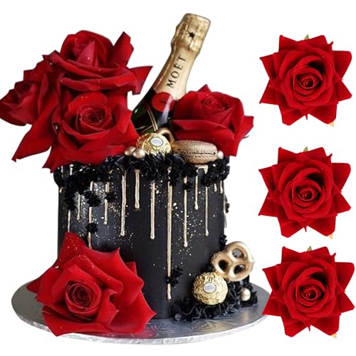 Xsstarmi 9 Packung Tortendeko Rote Rose Tortenaufsatz Kunstblume Rose Kuchen Topper für Hochzeit Valentinstag Geburtstag Jubiläum Zubehör für Party Kuchen Dekorationen Rot von Xsstarmi