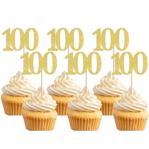 Xsstarmi Cupcake-Aufsätze, Zahl 100, goldfarben, glitzernd, Aufschrift "Cheers to 100 Years", Cupcake-Picks, Dekoration für 100. Geburtstag, Hochzeit, Jahrestag, Party-Kuchendekorationen, 36 Stück Xsstarmi Cupcake-Aufsätze, Zahl 100, goldfarben, glitzernd, Aufschrift "Cheers to 100 Years", Cupcake-Picks, Dekoration für 100. Geburtstag, Hochzeit, Jahrestag, Party-Kuchendekorationen, 36 Stück von Xsstarmi