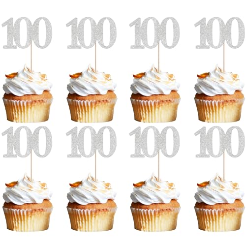 Xsstarmi Cupcake-Aufsätze, Zahl 100, silberfarben, glitzernd, Aufschrift "Cheers to 100 Years", Cupcake-Picks, Dekoration für 100. Geburtstag, Hochzeit, Jahrestag, Party-Kuchendekorationen, 36 Stück Xsstarmi Cupcake-Aufsätze, Zahl 100, silberfarben, glitzernd, Aufschrift "Cheers to 100 Years", Cupcake-Picks, Dekoration für 100. Geburtstag, Hochzeit, Jahrestag, Party-Kuchendekorationen, 36 Stück von Xsstarmi