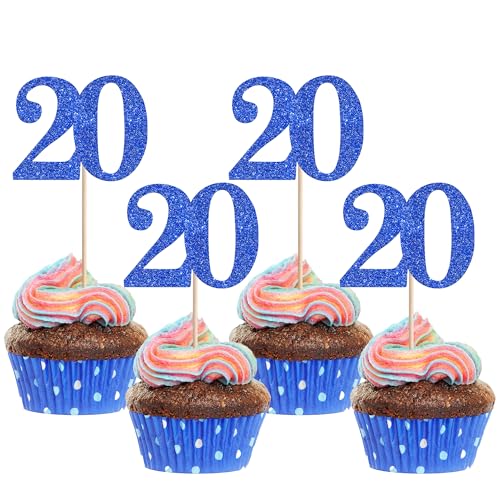 Xsstarmi Cupcake-Aufsätze, Zahl 20, glitzernd, Motiv: Cheers to 20 Years Birthday, Cupcake-Picks, Dekoration für 20. Geburtstag, Hochzeit, Jahrestag, Party, Kuchendekorationen, Blau, 36 Stück von Xsstarmi
