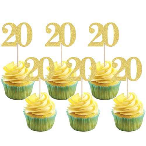 Xsstarmi Cupcake-Aufsätze, Zahl 20, goldfarben, glitzernd, Aufschrift "Cheers to 20 Years", Cupcake-Picks, Dekoration für 20. Geburtstag, Hochzeit, Jahrestag, Party-Kuchendekorationen, 36 Stück von Xsstarmi