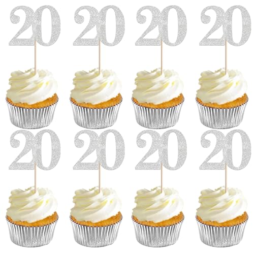 Xsstarmi Cupcake-Aufsätze, Zahl 20, silberfarben, glitzernd, Aufschrift "Cheers to 20 Years", Dekoration für 20. Geburtstag, Hochzeit, Jahrestag, Party-Kuchendekorationen, 36 Stück von Xsstarmi
