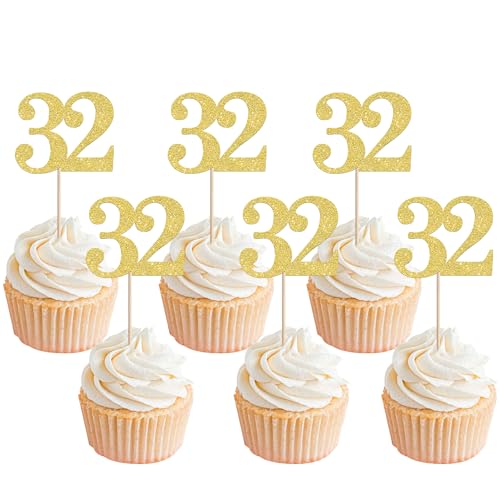 Xsstarmi Cupcake-Aufsätze, Zahl 32, goldfarben, glitzernd, Aufschrift "Cheers to 32 Years", Dekoration für 32. Geburtstag, Hochzeit, Jahrestag, Party-Kuchendekorationen, 36 Stück von Xsstarmi