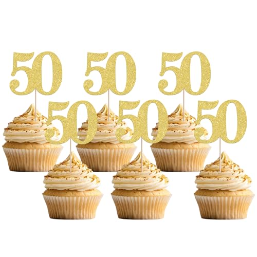 Xsstarmi Cupcake-Aufsätze, Zahl 50, goldfarben, glitzernd, "Cheers to 50 Years Birthday", Cupcake-Picks, Dekoration für 50. Geburtstag, Hochzeit, Jahrestag, Party-Kuchendekorationen, 36 Stück von Xsstarmi