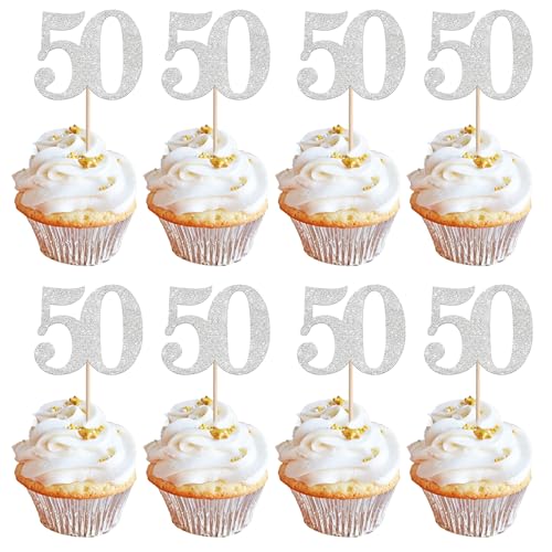 Xsstarmi Cupcake-Aufsätze, Zahl 50, silberfarben, glitzernd, "Cheers to 50 Years Birthday", Cupcake-Picks, Dekoration für 50. Geburtstag, Hochzeit, Jahrestag, Party-Kuchendekorationen, 36 Stück von Xsstarmi