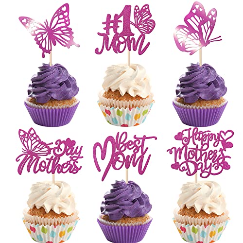 Xsstarmi Cupcake-Aufsätze "Happy Mother's Day", glitzernd, Schmetterling, 1 Mutter, beste Mutter, Cupcake-Picks für Muttertag, Muttertag, Geburtstag, Party, Kuchendekorationen, Zubehör, Lila, 36 Stück von Xsstarmi