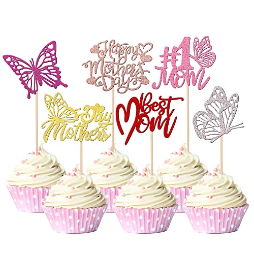 Xsstarmi Cupcake-Aufsätze "Happy Mother's Day", glitzernd, Schmetterling, beste Mutter, Cupcake-Picks, Dekoration für 1 Mutter, Muttertag, Geburtstagsparty, Kuchendekorationen, Zubehör, mehrfarbig, 36 von Xsstarmi