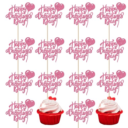 Xsstarmi Cupcake-Aufsätze "Happy Valentine's Day", glitzernd, Herzballon, süße Liebe, Cupcake-Picks, Dekoration für Valentinstag, Thema, Hochzeit, Geburtstag, Party, Kuchendekorationen, Zubehör, Rosa, von Xsstarmi