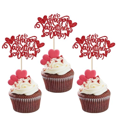 Xsstarmi Cupcake-Aufsätze "Happy Valentine's Day", glitzernd, Herzen, Cupcake-Picks, süße Valentinstags-Cupcake-Dekorationen für Valentinstag, Brautparty, Party, Kuchendekorationen, Zubehör, Rot, 24 von Xsstarmi