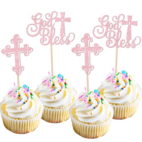 Xsstarmi Cupcake-Aufsätze mit Aufschrift "God Bless", glitzerndes Kreuz, Taufe, Cupcake-Picks, Dekoration für christliche Erstkommunion, Babyparty, Geburtstag, Party, Kuchendekorationen, Zubehör, von Xsstarmi