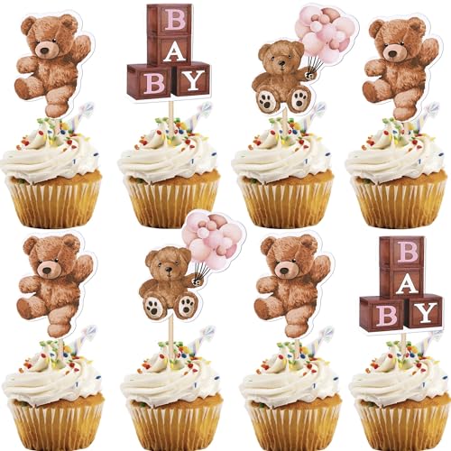 Xsstarmi Cupcake-Aufsätze mit Babybär, doppelseitig, Bär, Ballon, Cupcake-Picks für Babyparty, Mädchen, Kindergeburtstag, Party, Kuchendekorationen, Zubehör, Rosa, 36 Stück von Xsstarmi