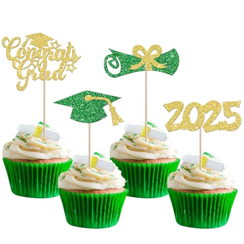 Xsstarmi Cupcake-Aufsätze mit Glitzer-Grad für Diplom Done Class of 2025, Abschlussfeier, Party, Kuchendekorationen, Zubehör, Goldgrün, 24 Stück von Xsstarmi