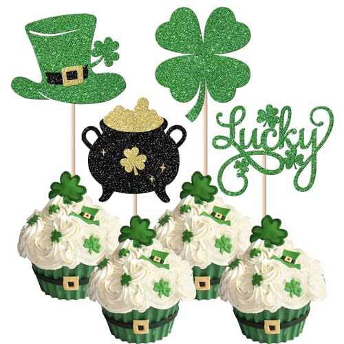 Xsstarmi Cupcake-Aufsätze mit Kleeblatt, Glitzer-Hut, Glücksklee, Cupcake-Picks für Happy St. Patrick's Day, Party, Kuchendekorationen, Grün, 24 Stück von Xsstarmi
