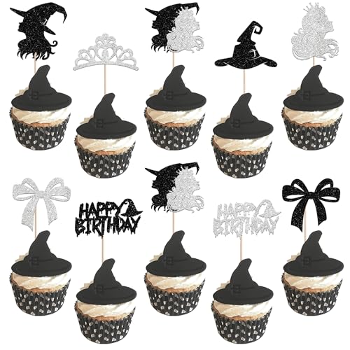 Xsstarmi Cupcake-Aufsätze mit magischem Hexen-Motiv, silberfarbene Krone, Besen, Zauberstab, Cupcake-Picks, schwarzer Hexenhut, Cupcake-Dekorationen für Hexe, Prinzessin, Geburtstag, Jahrestag, Party Xsstarmi Cupcake-Aufsätze mit magischem Hexen-Motiv, silberfarbene Krone, Besen, Zauberstab, Cupcake-Picks, schwarzer Hexenhut, Cupcake-Dekorationen für Hexe, Prinzessin, Geburtstag, Jahrestag, Party von Xsstarmi
