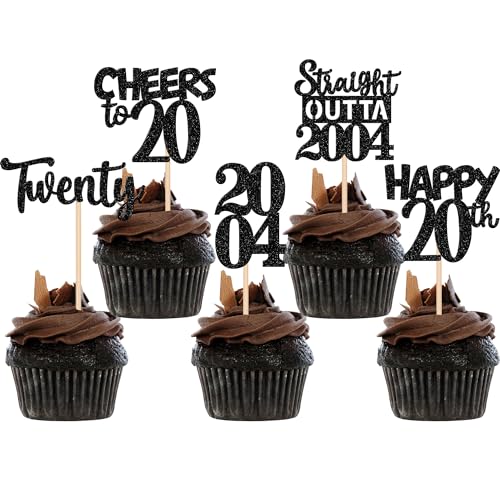 Xsstarmi Cupcake-Aufsätze zum 20. Geburtstag, glitzernd, 20. Geburtstag, 20. Geburtstag, 30 Stück, Schwarz von Xsstarmi