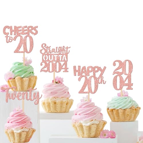 Xsstarmi Cupcake-Aufsätze zum 20. Geburtstag, glitzernd, 20. Geburtstag, 20. Geburtstag, Kuchendekoration, Roségold, 30 Stück von Xsstarmi