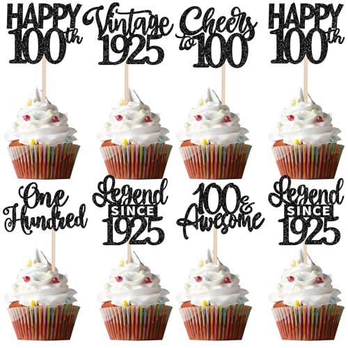 Xsstarmi Cupcake-Topper, Motiv: Legend Since 1925, schwarzer Glitzer, Vintage-Cupcake-Picks von 1925, Cheers to 100 Awesome One Hundred Bithday Kuchendekorationen für Happy 100th Birthday von Xsstarmi