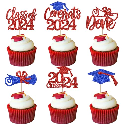 Xsstarmi Cupcake-Topper, glitzernd, Klasse 2024, Cupcake-Aufsätze, Diplom Done, Abschlussfeier, Partyzubehör, Rot, Blau, 24 Stück von Xsstarmi