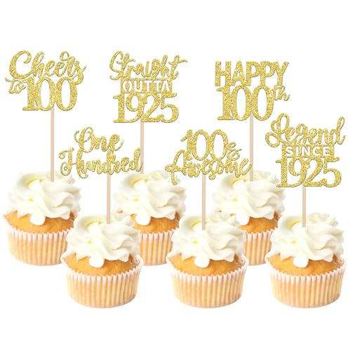 Xsstarmi Cupcake-Topper "Happy 100th Birthday", Kuchendekorationen zum 100. Geburtstag, goldfarben, 24 Stück von Xsstarmi