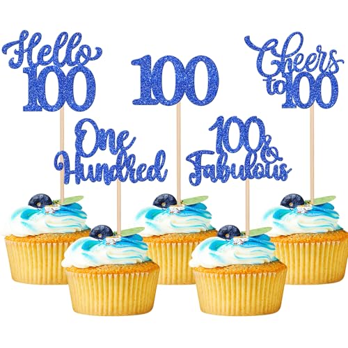 Xsstarmi Cupcake-Topper "Happy 100th Birthday", blauer Glitzer, Hello 100 Fabulous One Hundred Cupcake-Picks, Cheers to 100 Years Kuchendekorationen für Happy 100th Birthday Partyzubehör, 30 Stück von Xsstarmi