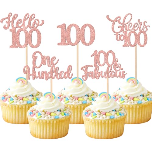 Xsstarmi Cupcake-Topper "Happy 100th Birthday", glitzernd, Hello 100 Fabulous One Hundred Cupcake-Picks, Cheers to 100 Years, Kuchendekorationen für Happy 100th Birthday, Partyzubehör, Roségold, 30 von Xsstarmi