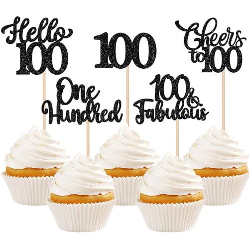 Xsstarmi Cupcake-Topper "Happy 100th Birthday", schwarzer Glitzer, Hello 100 Fabulous One Hundred Cupcake-Picks, Cheers to 100 Years Kuchendekorationen für Happy 100th Birthday Partyzubehör, 30 Stück von Xsstarmi